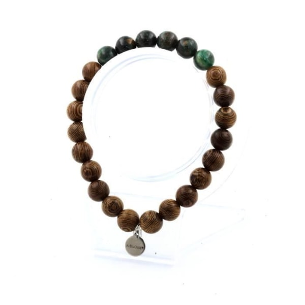 Stenar och mineraler. Zambian Emerald Beads Armband + 8 mm trä. Tillverkad i Frankrike.