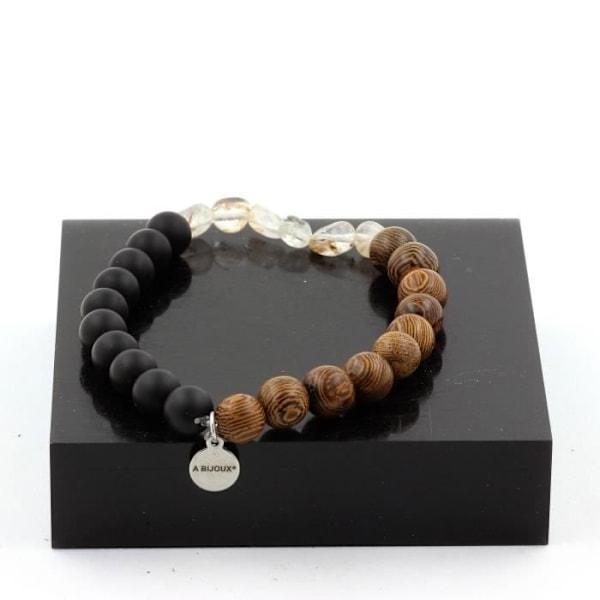 Sten og mineraler. Rutil Ametyst Quartz Armbånd fra Brasilien + Mat Sort Onyx Beads + Made in France. Lila, svart