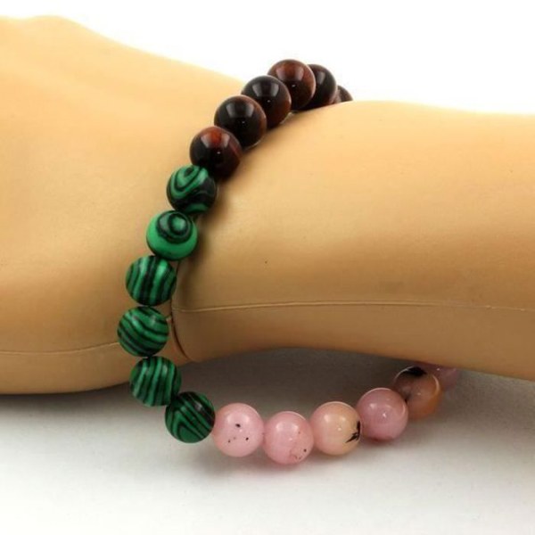 Sten og mineraler. Pink Opal Beads Armbånd + Red Tiger Eye + Malachite + træ 8 Fremstillet i Frankrig.