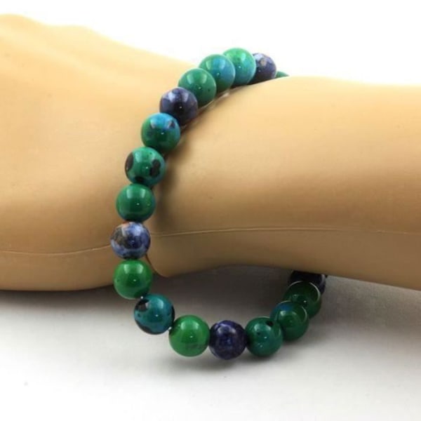 Sten og mineraler. Chrysocolla + Blue Jasper Beads Armbånd 8 mm. Fremstillet i Frankrig.