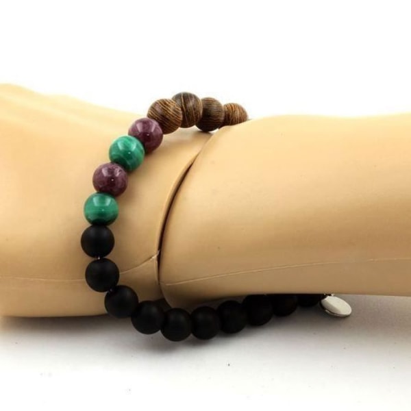 Stenar och mineraler. Kongo Malachite Beads Armband + Lepidolite + Mattsvart Onyx + Trä Tillverkat i Frankrike.