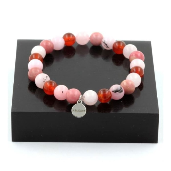 Stenar och mineraler. Rosa Opal + Rhodonit + Röd Agat + Rose Quartz Beads Armband 8 Tillverkad i Frankrike.