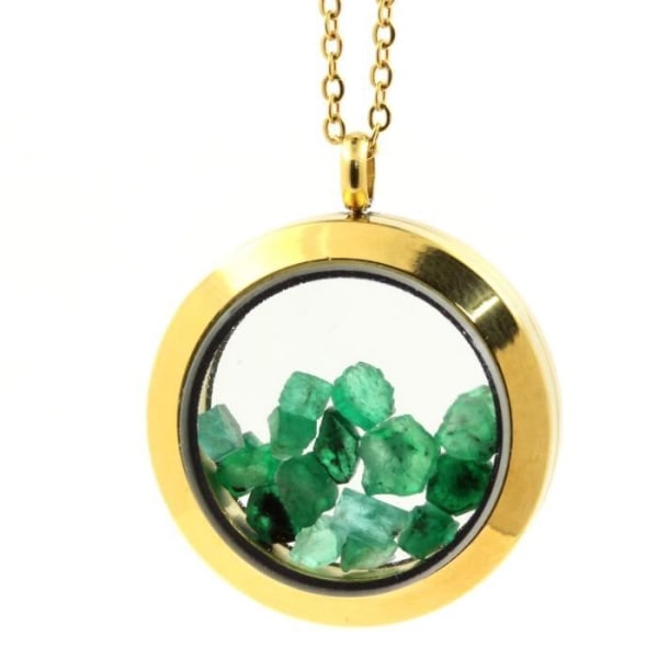 Stenar och mineraler. Raw Emerald halsband. Medaljong modell 20 mm. Guldfärg.