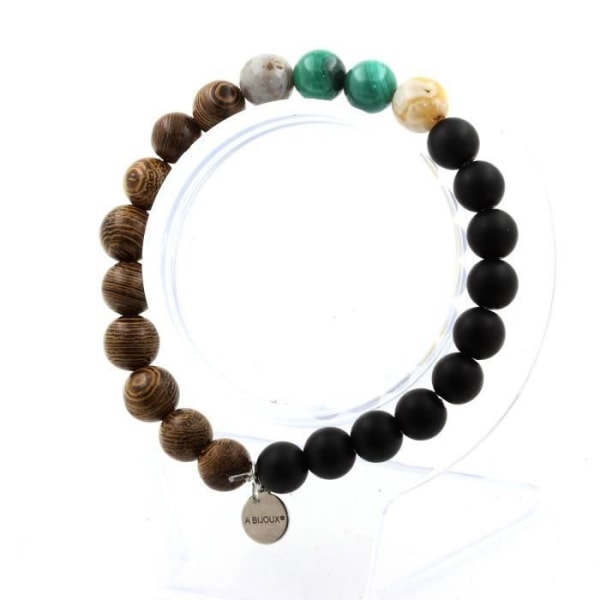 Stenar och mineraler. Kongo Malachite Beads Armband + Bamboo Leaf Agate + Onyx Tillverkat i Frankrike.