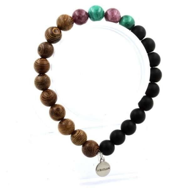 Stenar och mineraler. Kongo Malachite Beads Armband + Lepidolite + Mattsvart Onyx + Trä Tillverkat i Frankrike.