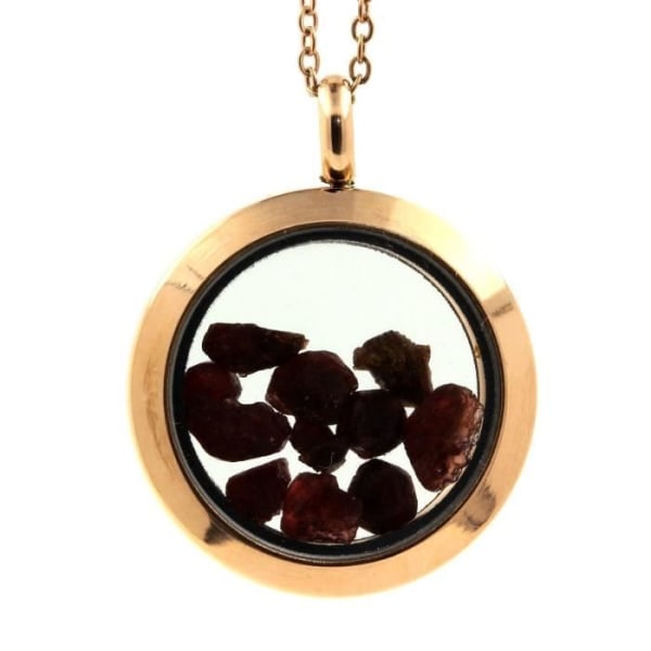 Stenar och mineraler. Rå granat halsband. Medaljong modell 30 mm. Färg Rose guld.