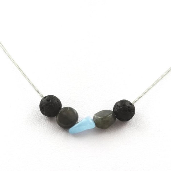 Stenar och mineraler. 8 mm Lava Beads Halsband + brasiliansk akvamarin + labradorit rostfritt stålkedja.