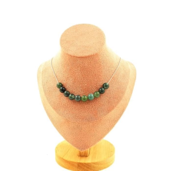 Stenar och mineraler. Halsband med 10 Moss Agate pärlor 8 mm. Rostfri kedja Halsband för kvinnor, män. Anpassningsbar storlek.