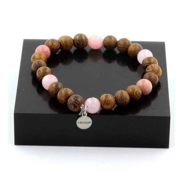 Stenar och mineraler. Rosa Opal Beads Armband + Rhodonite + Rosa Kvarts + trä 8 mm. Tillverkad i Frankrike.