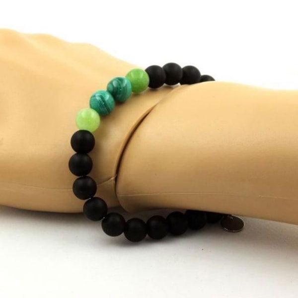 Sten og mineraler. Congo Malachite Beads Armbånd + Peridot + Mat Sort Onyx 8 mm. Fremstillet i Frankrig.