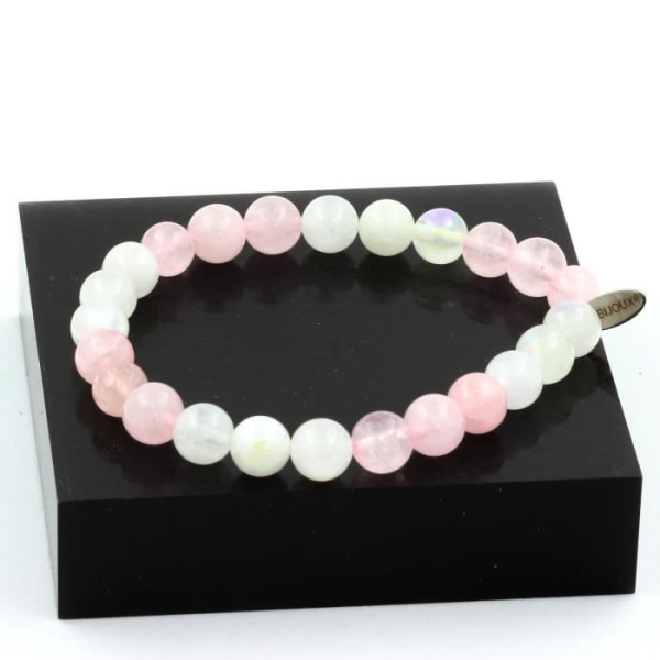 Stenar och mineraler. Moonstone + Rose Quartz Beaded Armband 8 mm. Tillverkad i Frankrike.