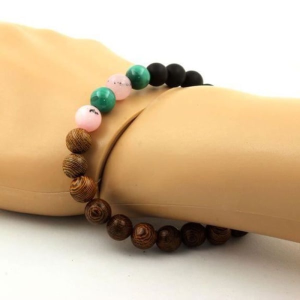 Stenar och mineraler. Kongo Malachite Beads Armband + Rosa Opal + Mattsvart Onyx + Trä Tillverkat i Frankrike.