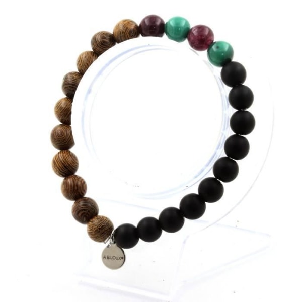 Stenar och mineraler. Kongo Malachite Beads Armband + Granat + Mattsvart Onyx + Trä 8 Tillverkad i Frankrike.