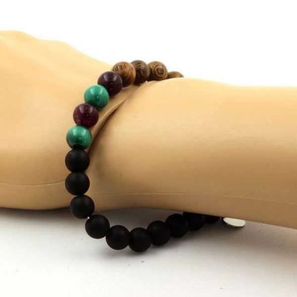 Sten og mineraler. Congo Malachite Beads Armbånd + Granat + Matsort Onyx + Træ 8 Fremstillet i Frankrig.