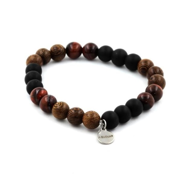 Sten og mineraler. Armbånd Red Tiger Eye Beads + Mat Sort Onyx + Træ 8 mm. Fremstillet i Frankrig.