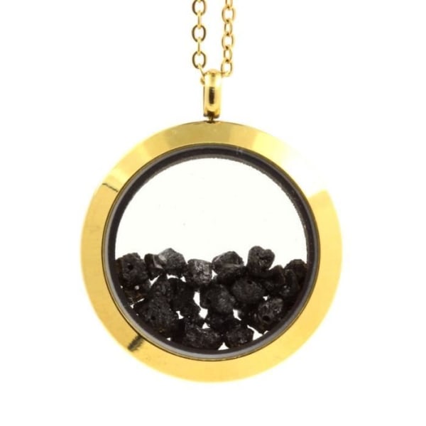 Stenar och mineraler. Rå svart diamanthalsband. Medaljong modell 20 mm. Guldfärg.