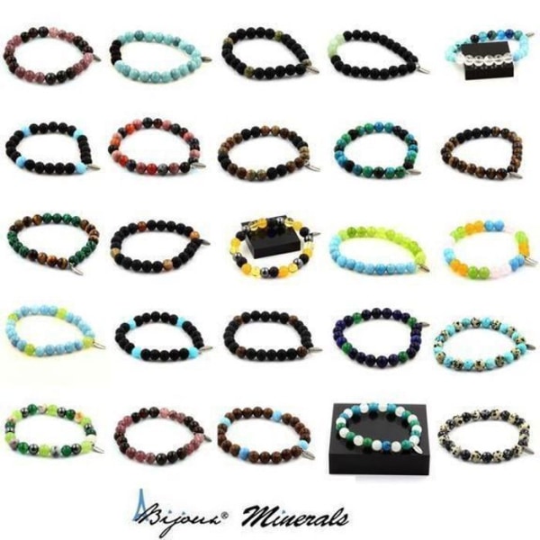 Stenar och mineraler. Kongo Malachite Beads Armband + Rosa Opal + Mattsvart Onyx + Trä Tillverkat i Frankrike.