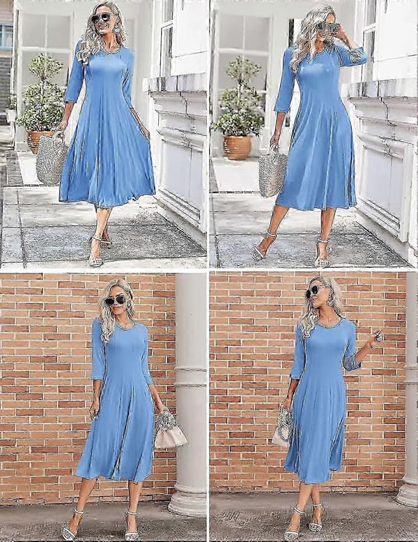 Damklänning med 3/4-ärmar och A-linjeform och utsvängd midiklänning_ms606d Sky Blue L