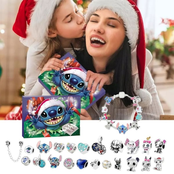 Stitch Julekalender Armbånd 2024 Jenter 24 Dagers Juleteller DIY Smykkeproduksjonssett 22 Charmsperler 2 Armbånd