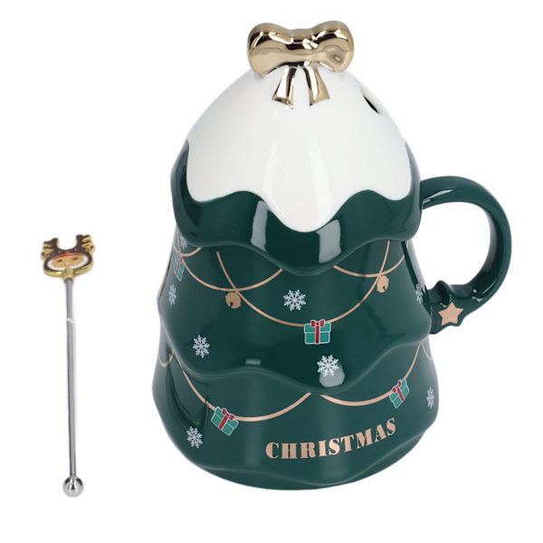Stor Keramisk Julekop med Låg og Ske - 500ml Grøn