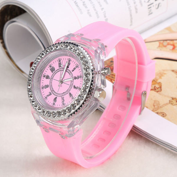 Klocka för flickor med LED-bakgrundsbelysning, rund urtavla i kvarts, silikonarmband (rosa)
