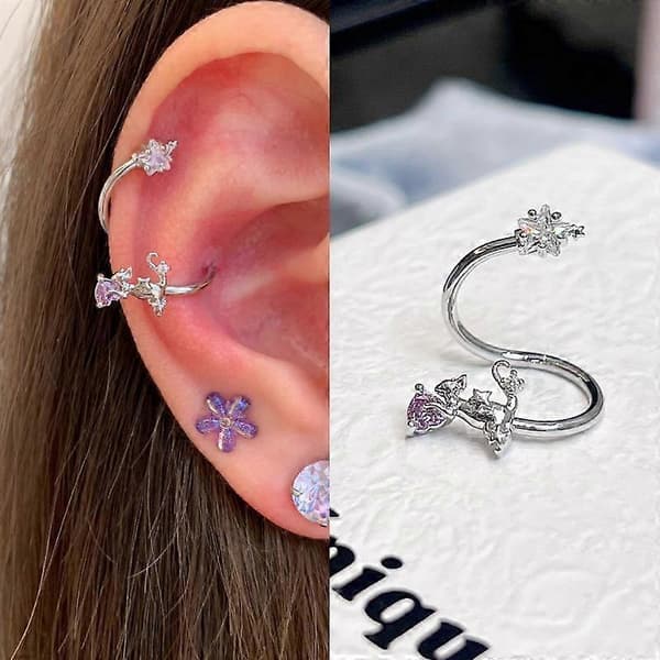 Enkle Punk Øreringe i Rustfrit Stål med Øreringe til Kvinder, Uden Piercing, Krystalstjerne, Øreringe med Øreringe A2