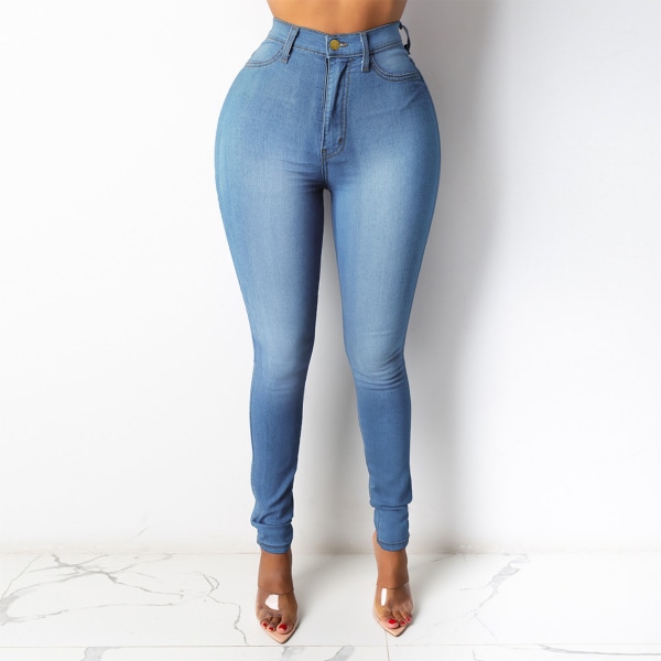 Denimbukser med høy midje og dobbel lomme pustende Stilig uformelle denimbukser for kvinner Blå M