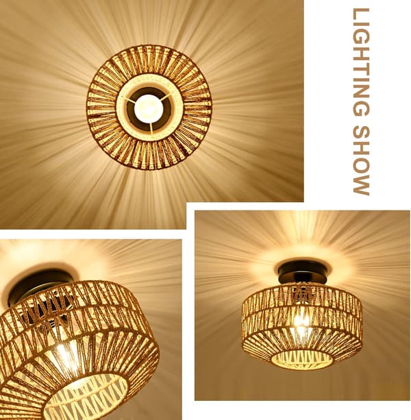 【BEMS】Rattan Hanging Ceiling Light, Boho Ceiling Lamp with Rattan Shade, Vintage Bamboo Ceiling Light, Rustic Rattan Ceiling Lamp