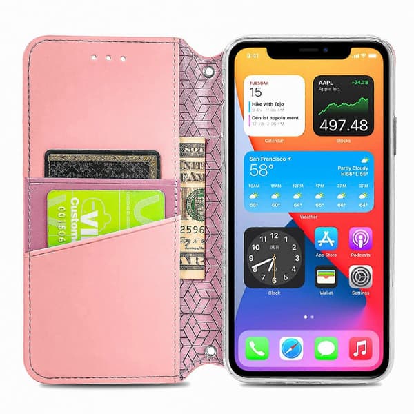 Våffelmönstrad Mini Plånboksfodral Kompatibel med iPhone 12 - Rosa[BEMS]