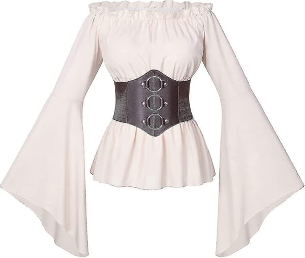 C& Dam Renässans Viktoriansk Boho Piratblus med Volang, Smockad Midja och Bälte White Medium