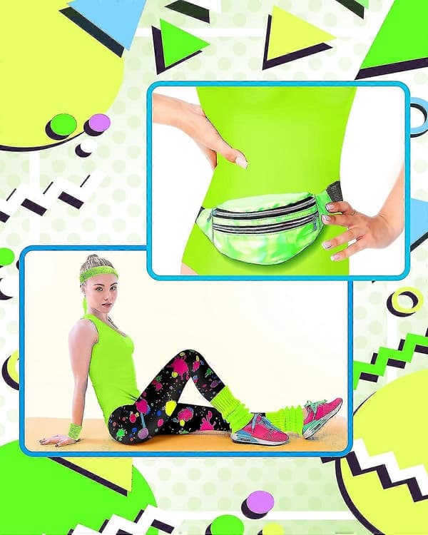 dele 80'er kostume, 80'er tilbehørssæt, 80'er-90'er kostumer, leggings, håndled, benlængder, øreringe, mavetaske Bright Neon XX-Large