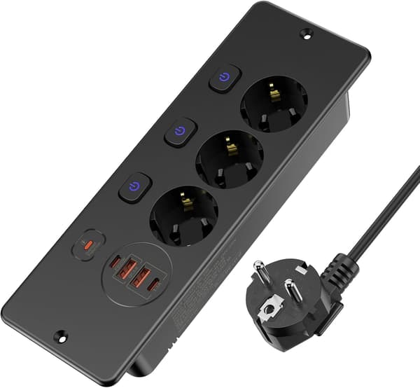 Innfelt strømuttak 3-veis med 2 USB, borduttak med 2 USB C, 3 brytere, 2 m kabel black