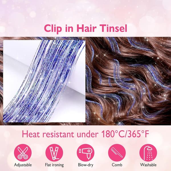 【BEMS】Hårglitter, kongeblå, glitter-extensions, varmebestandig, sett med 18