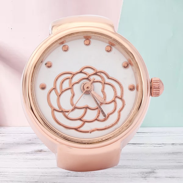 Sormusormus Watch Pyöreä kellotaulu Ruusukukkakuvio Naisten SormikvartsikelloRose Gold 2.0