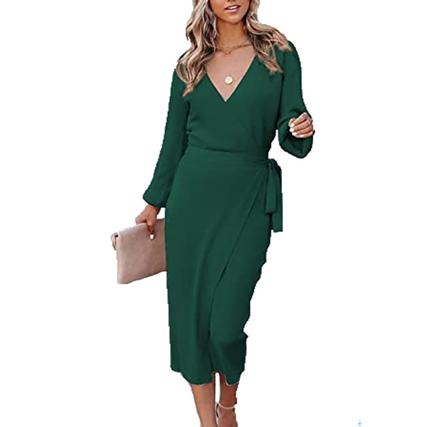 TIMH Naisten pitkä mekko Elegantti V-pääntie, pitkähihainen puhdasvärinen halkiohelma neulottu mekko vyöllä vihreä XL