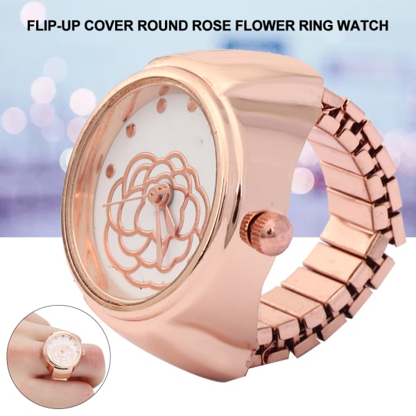 Finger Ring Watch Rund Urskive Rose Flower Pattern Women Finger Quartz WatchRose Gold 2.0