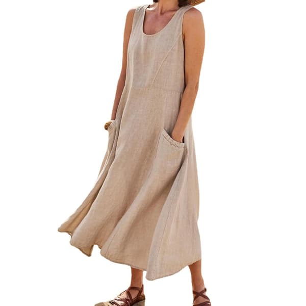 Dam Enfärgade Klänningar Ärmlös Bomull Linneklänning Sommar Beige[BEMS] Beige XL