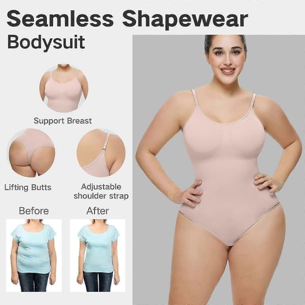 Bodysuit for kvinner, magekontroll, shapewear, sømløs, skulpturerende, stringtruser, kroppsformende singlet beige S