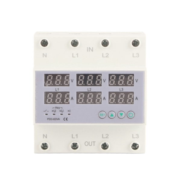 3-fase DIN-skinne voltmeter Amperemeter Automatisk overspenning Overstrømbeskytter AC 390-500V 63A