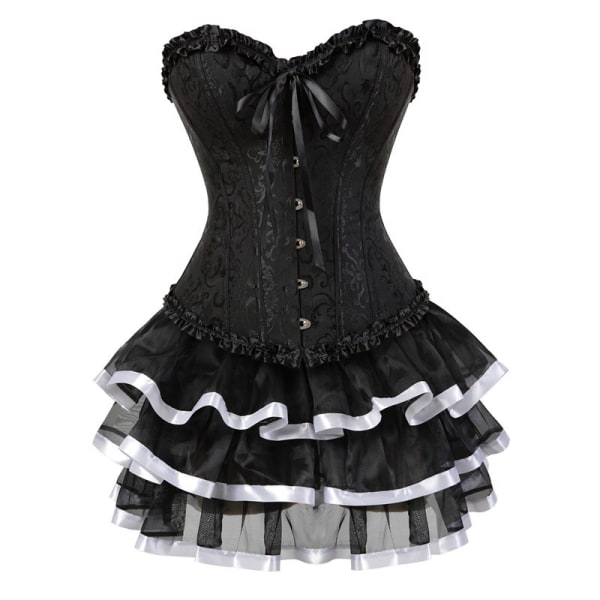 F.ttmstte Kvinders vintage victorianske Steampunk-korsetkjolesæt Sort korset med Tutu-nederdele Showgirl-kostume// M Black White