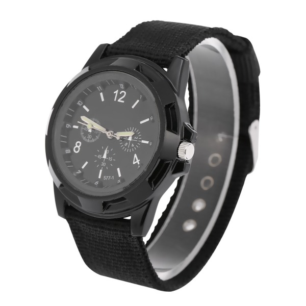 Elektroninen analoginen watch pyöreä nylon sotilaallinen rannekello (musta)-+