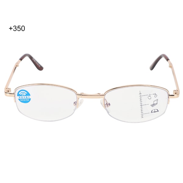 Multifocal Progressive Presbyopic lasit Sininen valoa estävät lukulasit miehille, naisille (+350 kultainen kehys)++/