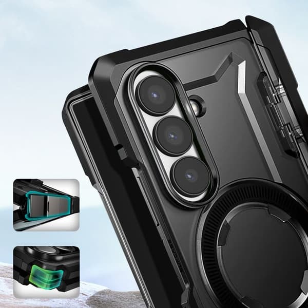 MagSafe-deksel SUPCASE Galaxy Z Fold 7 Støtsikkert 6m Justerbart stativ Integrert herdet glass Svart