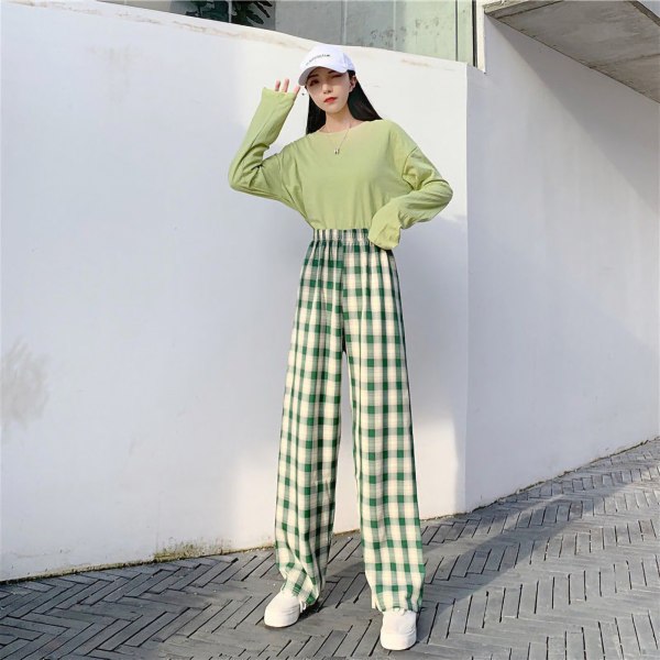Kvinder plaidbukser løse højtaljede Comfy Lounge Casual plaidbukser til sommerGrønt gitterfri størrelse