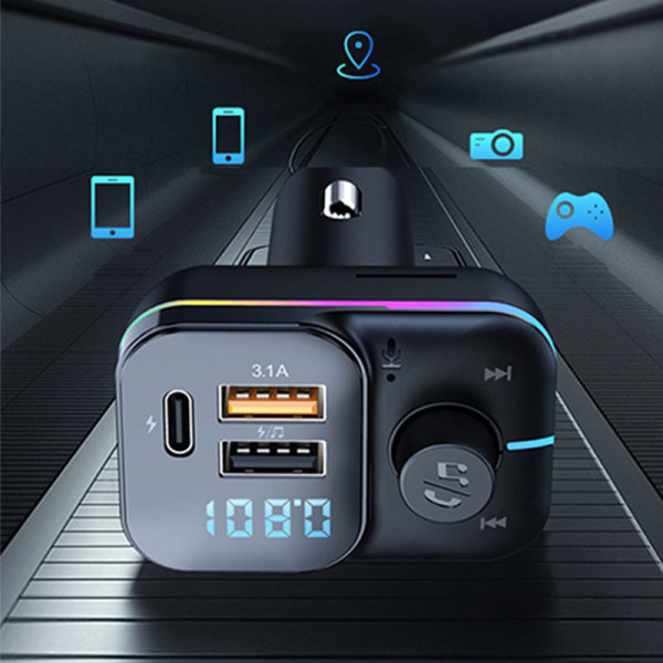 Bluetooth FM-sender MP3 Musikafspiller Radioadapter USB Type C Biloplader til Smartphones Lydafspillere