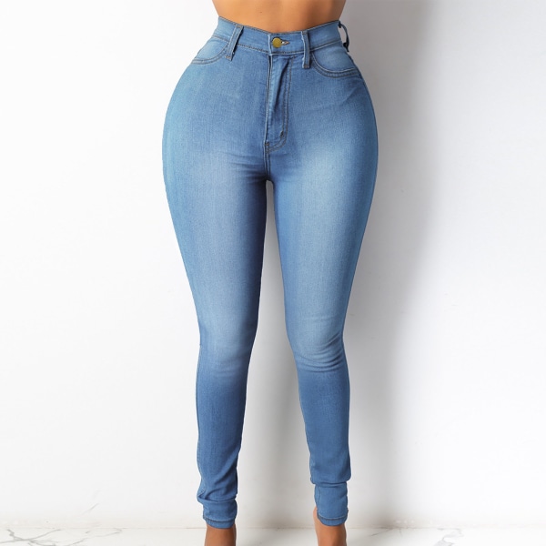 Denimbukser med høy midje og dobbel lomme pustende Stilig uformelle denimbukser for kvinner Blå S