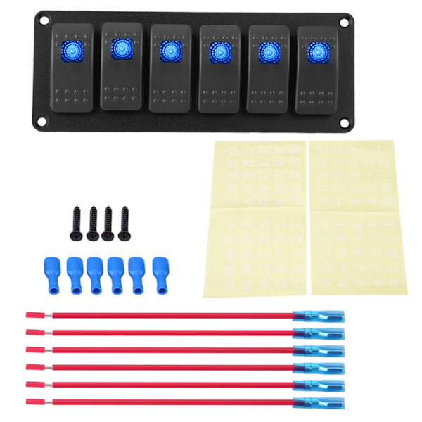 12-24V 6 Gang Rocker Switch Panel til Bil RV Båd Yacht Marine Blå LED