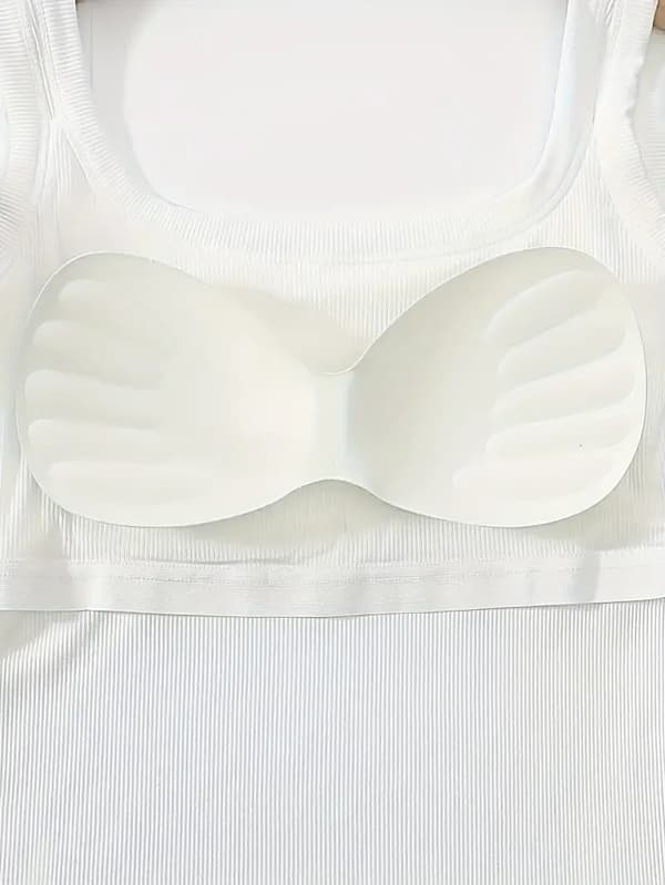 【BEMS】Simple Solid Square Neck Tank Top, All-match Ribbed Vest Top With Removable Chest Pad