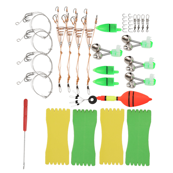 Kannettava kalastusvälineiden setti, siimakelat, vieheet, syötit, koukkukiristimen, pieni kello, kalastustarvikkeet