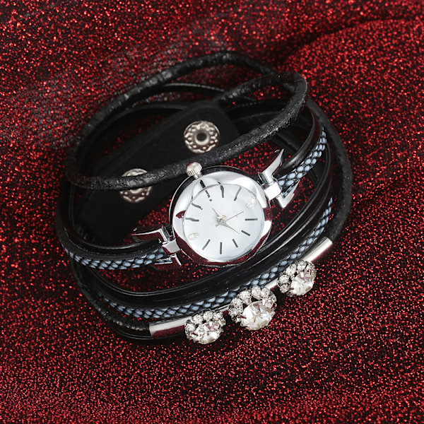 Kvindes Rhinestone PU Rem Rundt Urværk Armbåndsur (Sort)